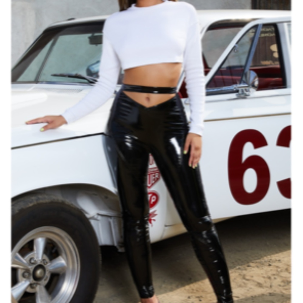 Oh Polly Vinyl High Waisted Cut Trousers - Black